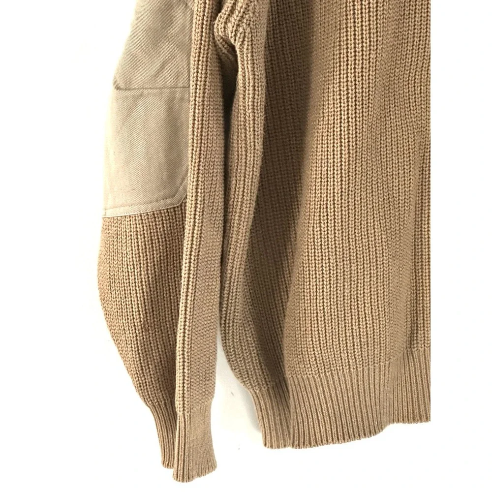 Vintage Orvis Ribbed Knit Sweater Men Size XL Khaki Military Shawl Elbow Patches